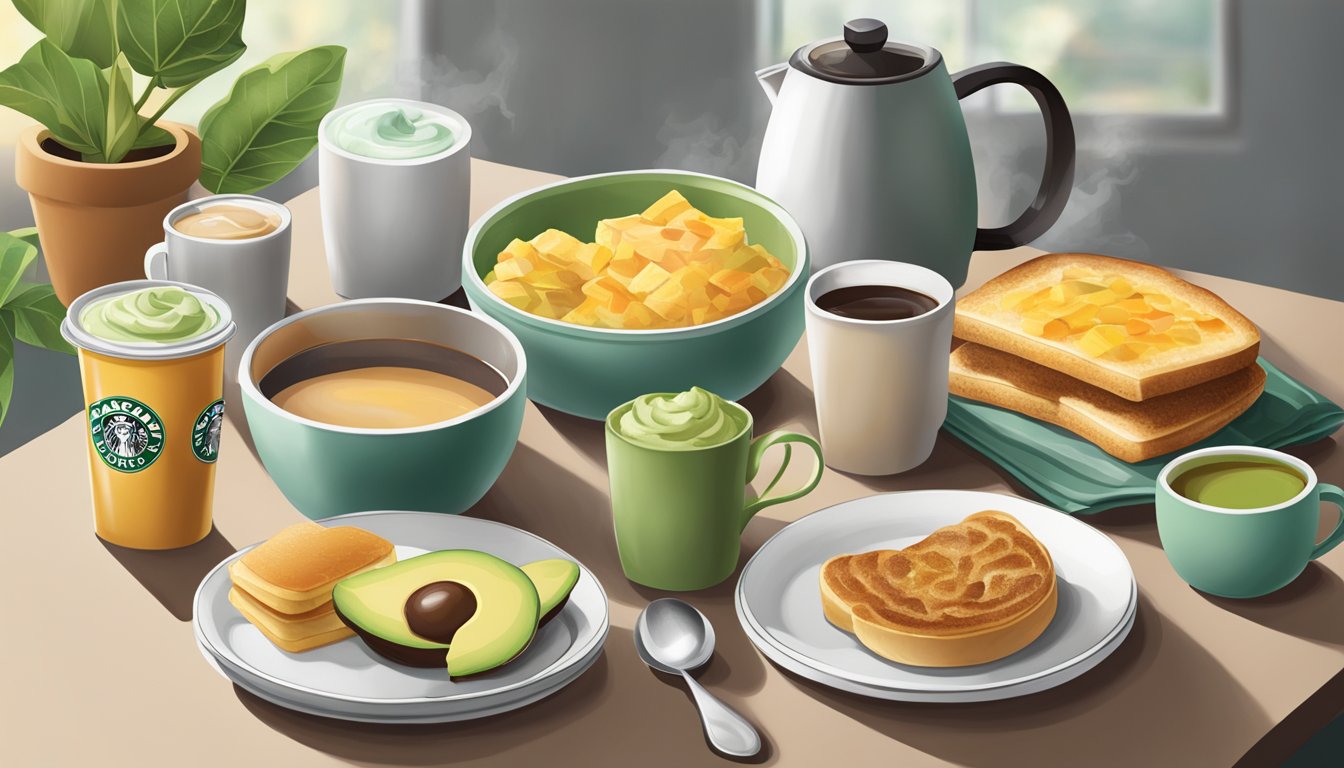 A table set with a variety of Starbucks breakfast items, including avocado spread, arranged alongside a steaming pot of tea