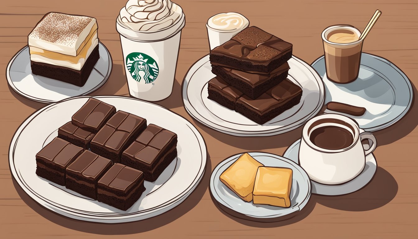 A plate of double chocolate brownies surrounded by 6 other Starbucks breakfast items, with a warm and inviting atmosphere