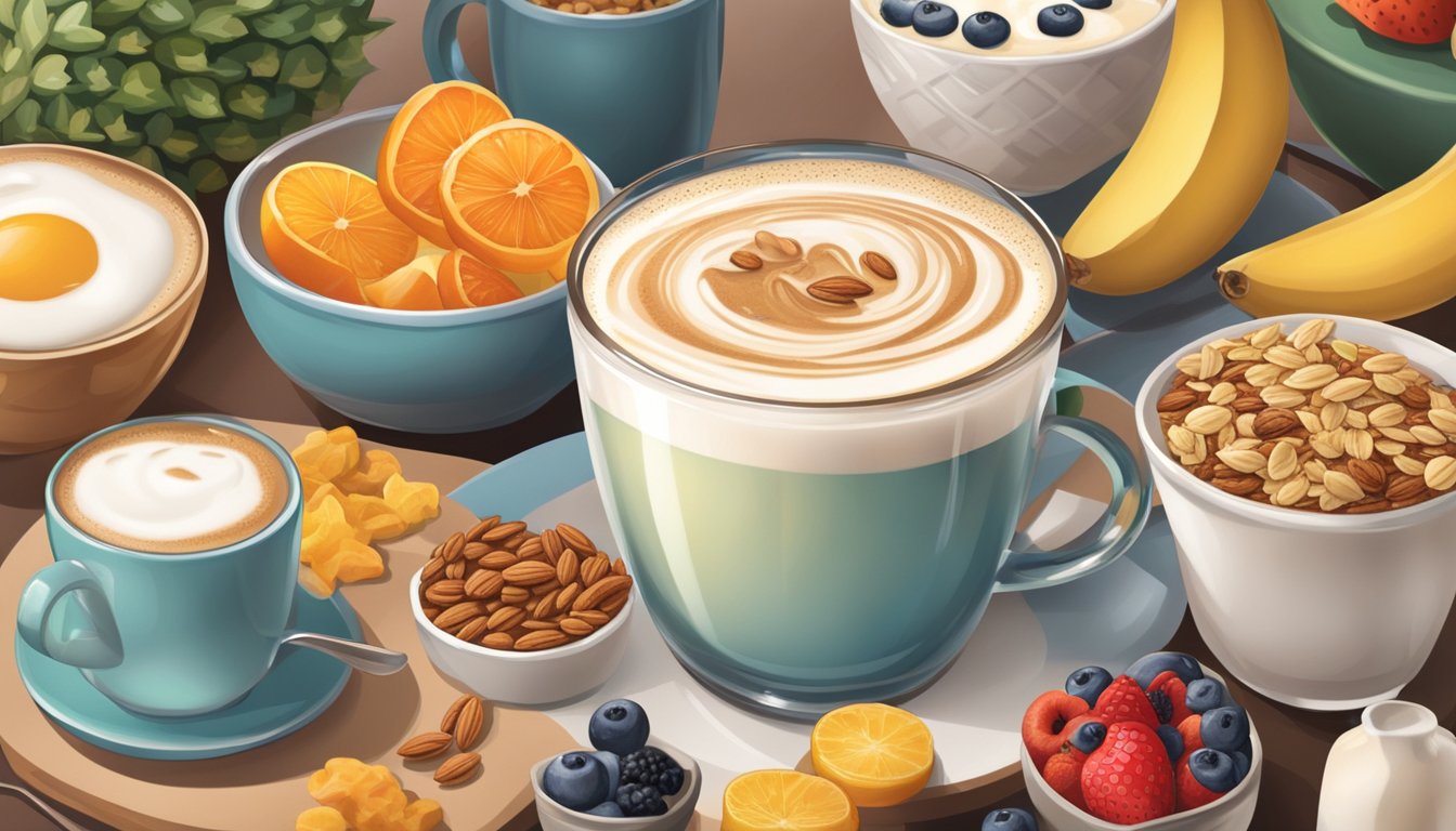 A steaming vanilla latte with almond milk sits on a table, surrounded by a variety of breakfast items, such as fruit, yogurt, and granola