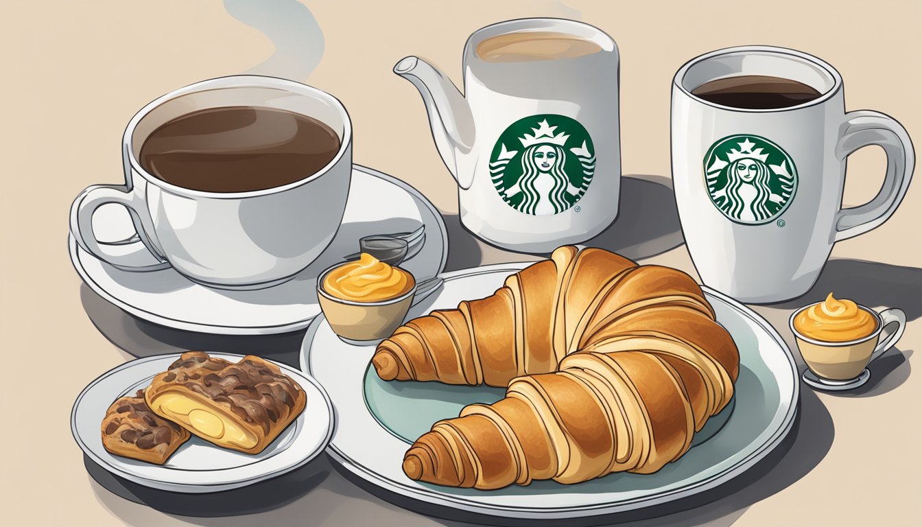 A butter croissant sits on a white plate next to a steaming cup of tea, surrounded by various Starbucks breakfast items