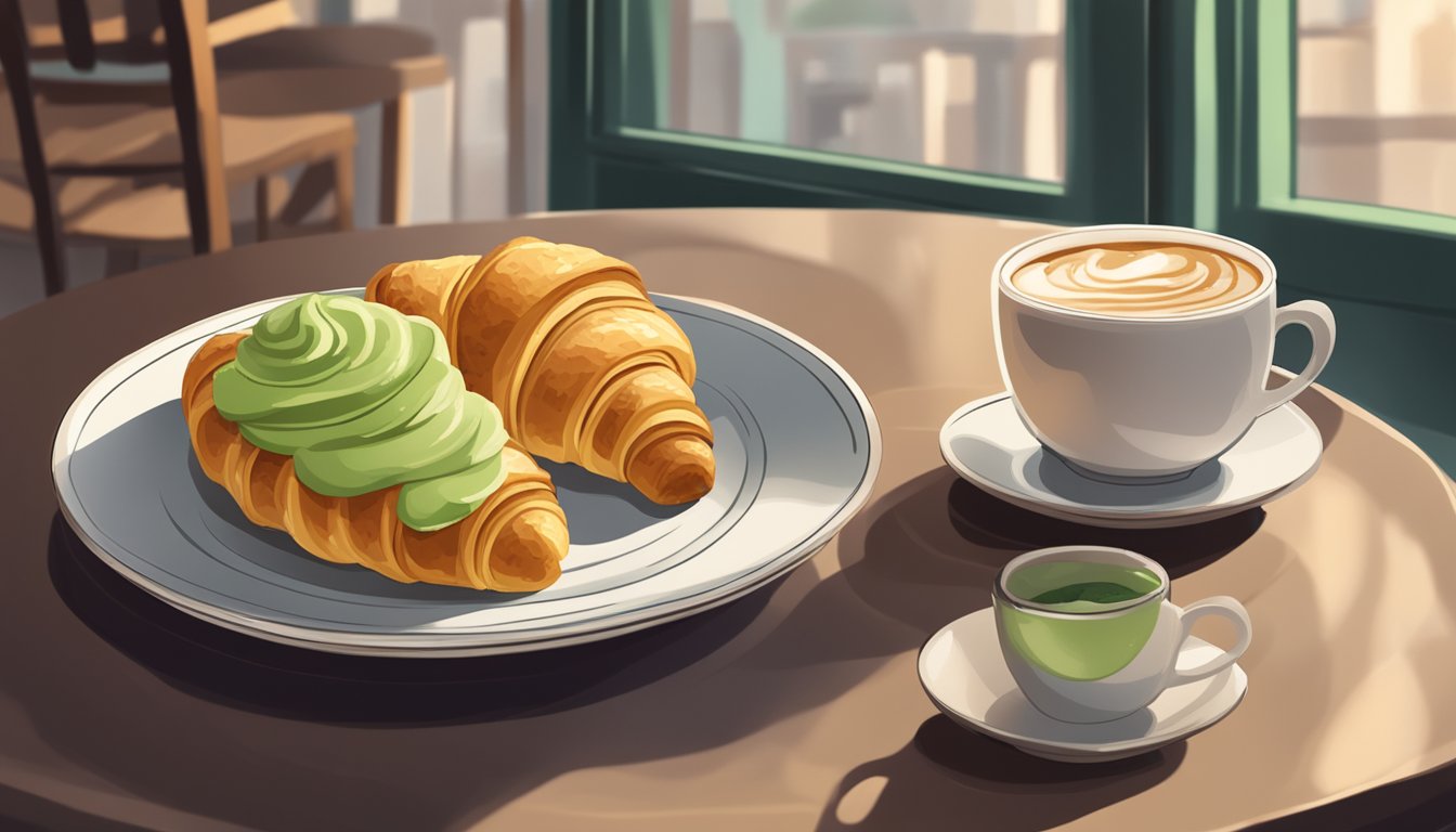 A butter croissant with avocado spread sits on a plate next to a steaming cup of coffee, surrounded by a cozy Starbucks ambiance