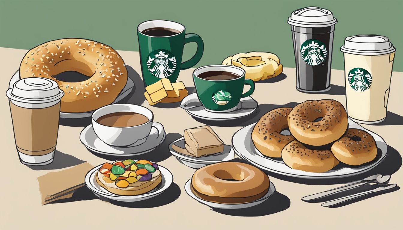 A plain bagel surrounded by 12 Starbucks breakfast items, all arranged neatly on a table next to a steaming cup of tea