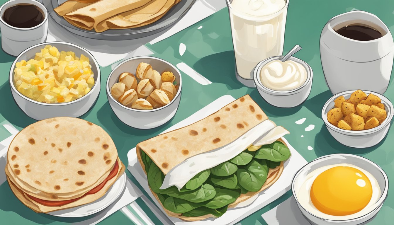 A colorful spinach, feta, and egg white wrap surrounded by a variety of breakfast items on a Starbucks counter