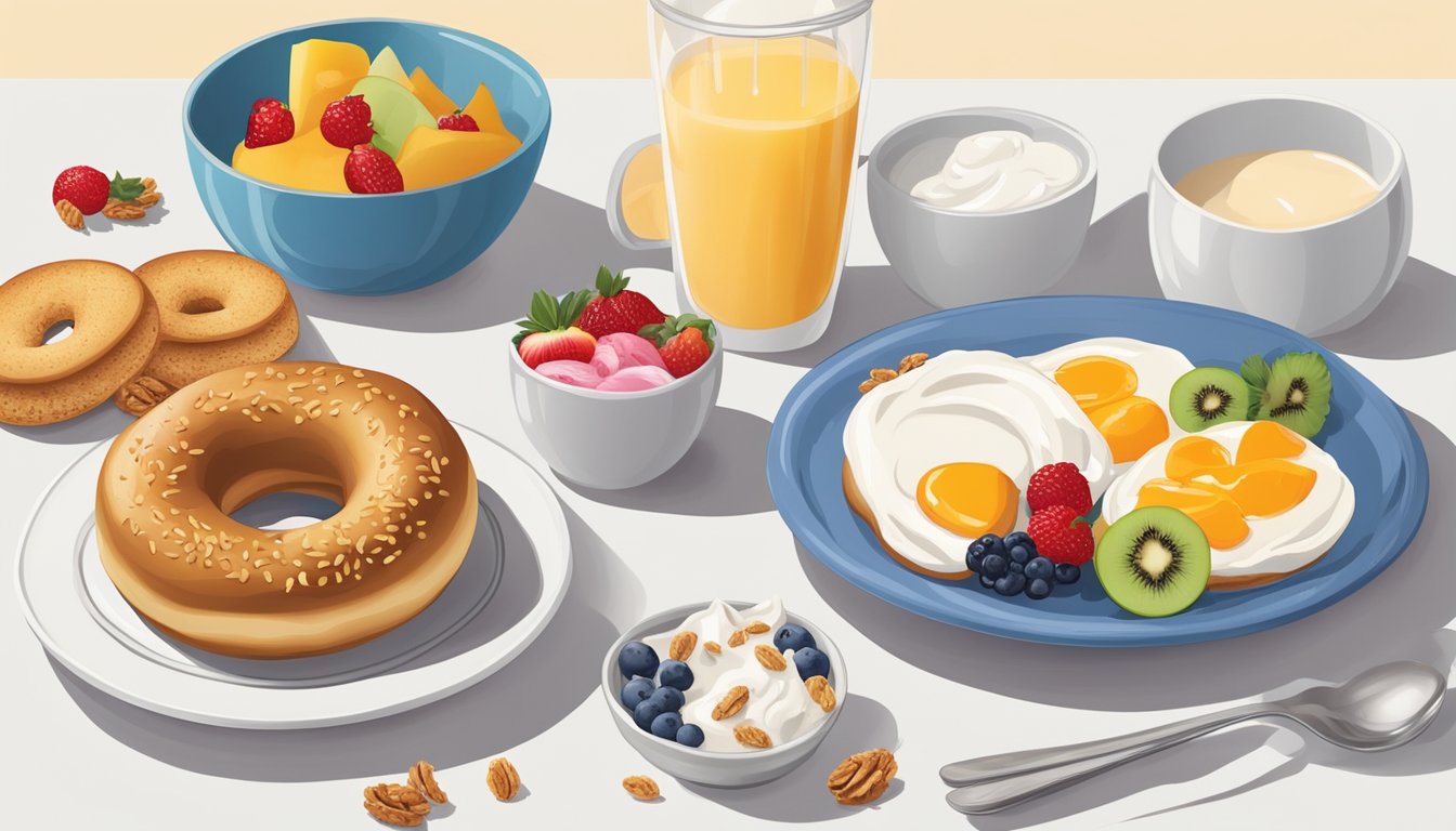 A plain bagel with cream cheese sits on a white plate, surrounded by a variety of colorful breakfast items, such as fruit, yogurt, and granola