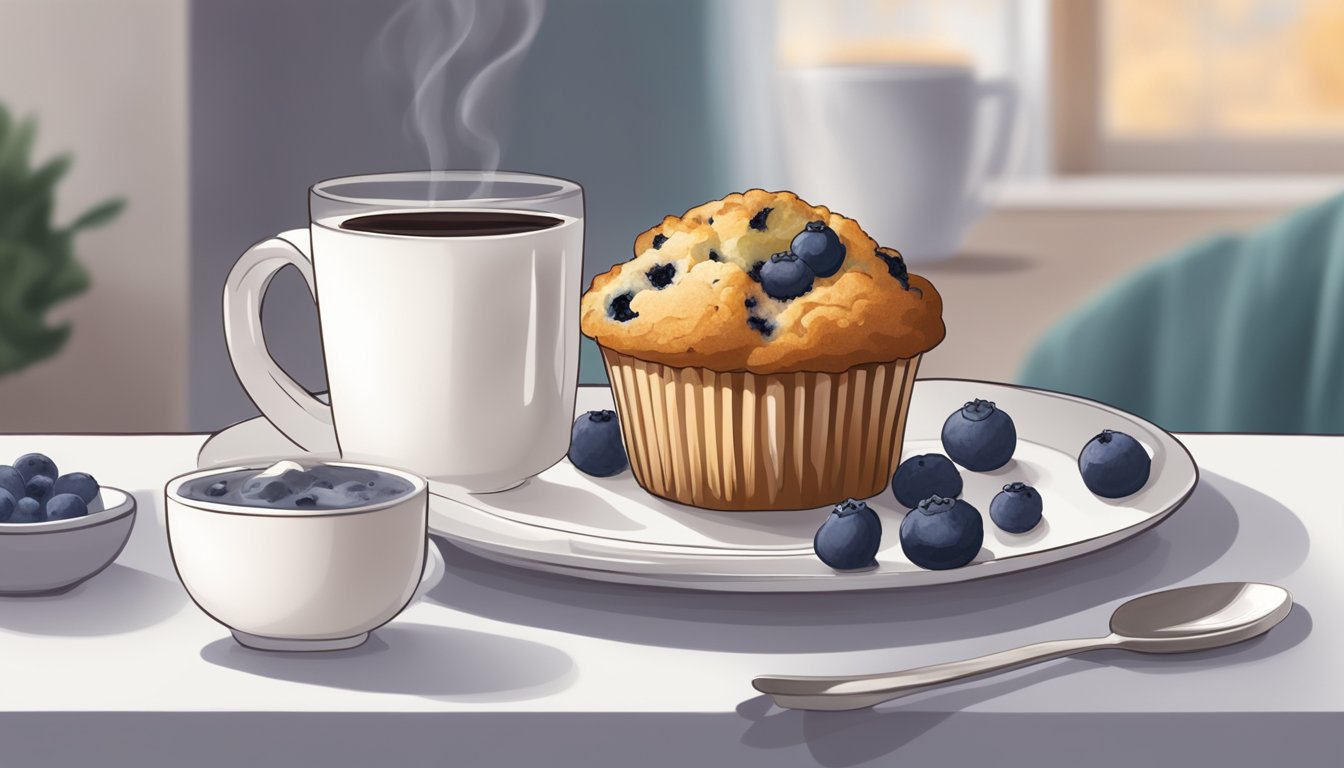 A blueberry muffin sits on a white plate next to a steaming cup of tea, surrounded by a cozy Starbucks breakfast spread