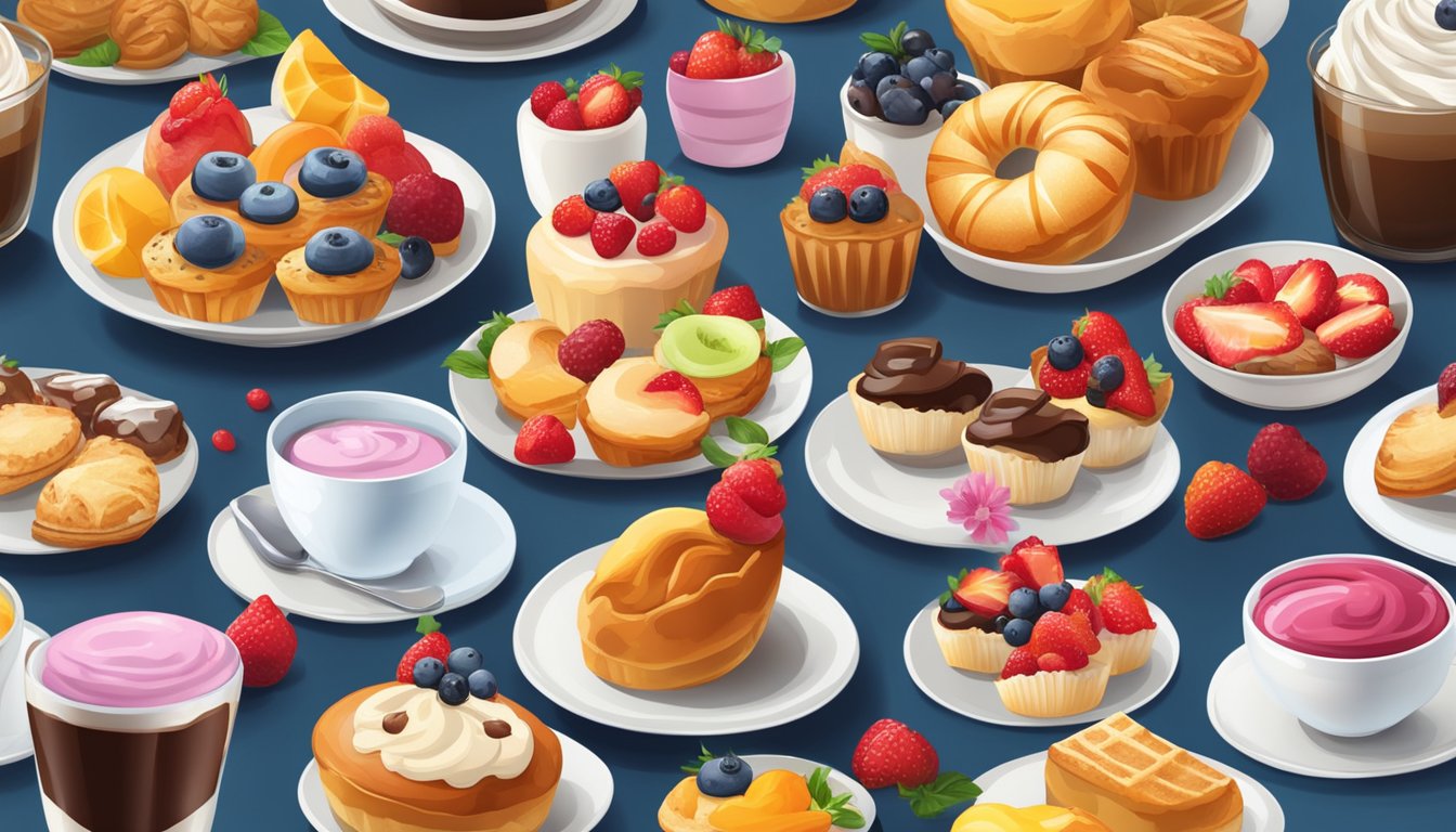 A table filled with colorful pastries, muffins, and croissants, alongside a variety of sweet breakfast items like yogurt parfaits and fruit cups