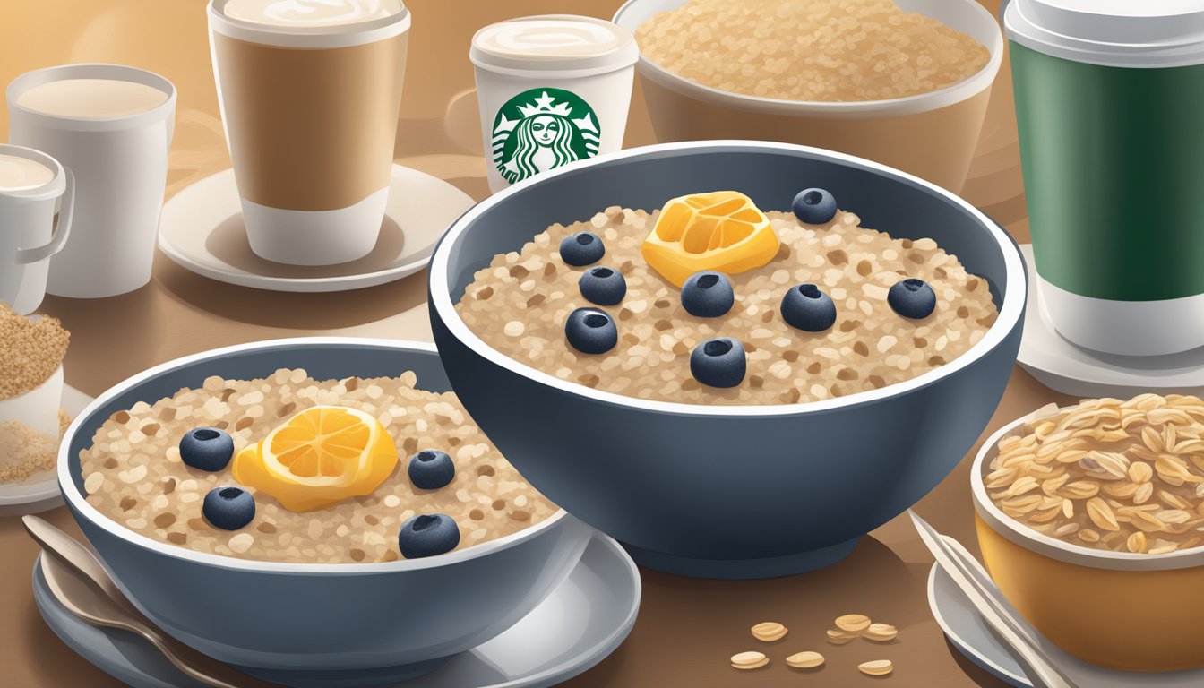 A bowl of mixed rolled and steel-cut oatmeal with various toppings and ingredients scattered around, with a Starbucks logo in the background