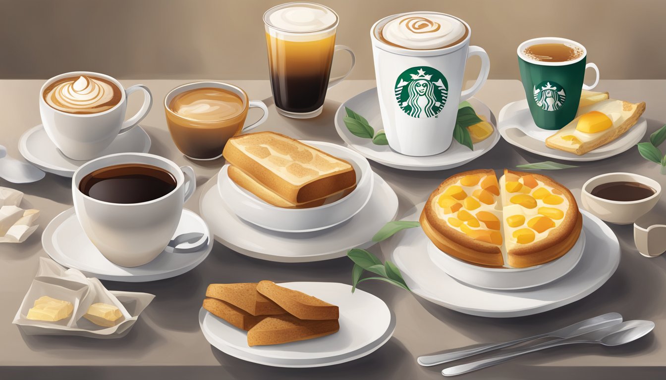 A table set with a variety of Starbucks breakfast items and tea, showcasing the diverse flavor profiles that pair perfectly together