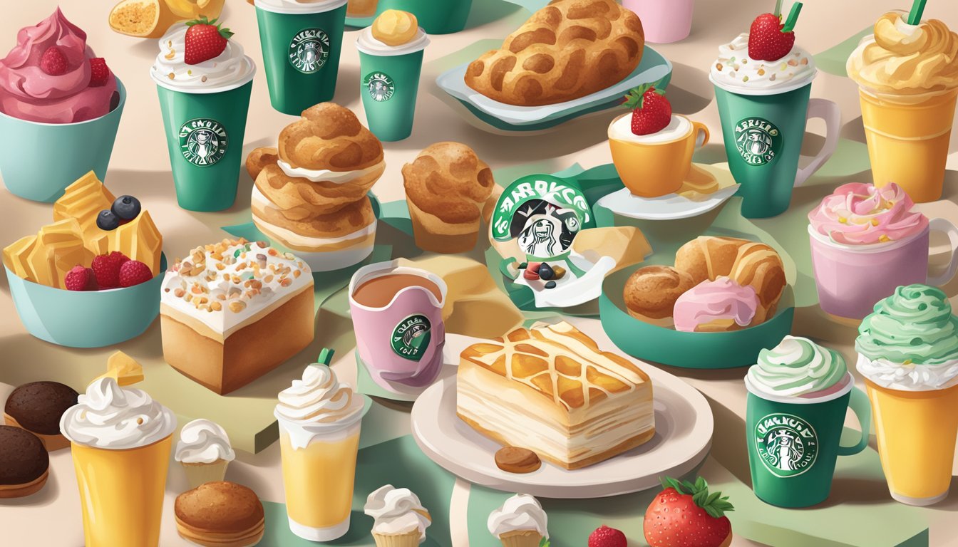 A colorful display of 7 Starbucks breakfast items, surrounded by whimsical illustrations of sweet treats like pastries, muffins, and fruit