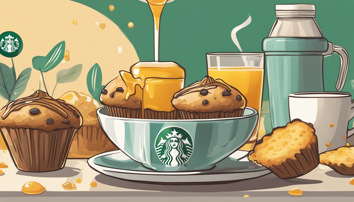 A muffin with a honey packet being drizzled over it, surrounded by various breakfast items and a Starbucks logo in the background