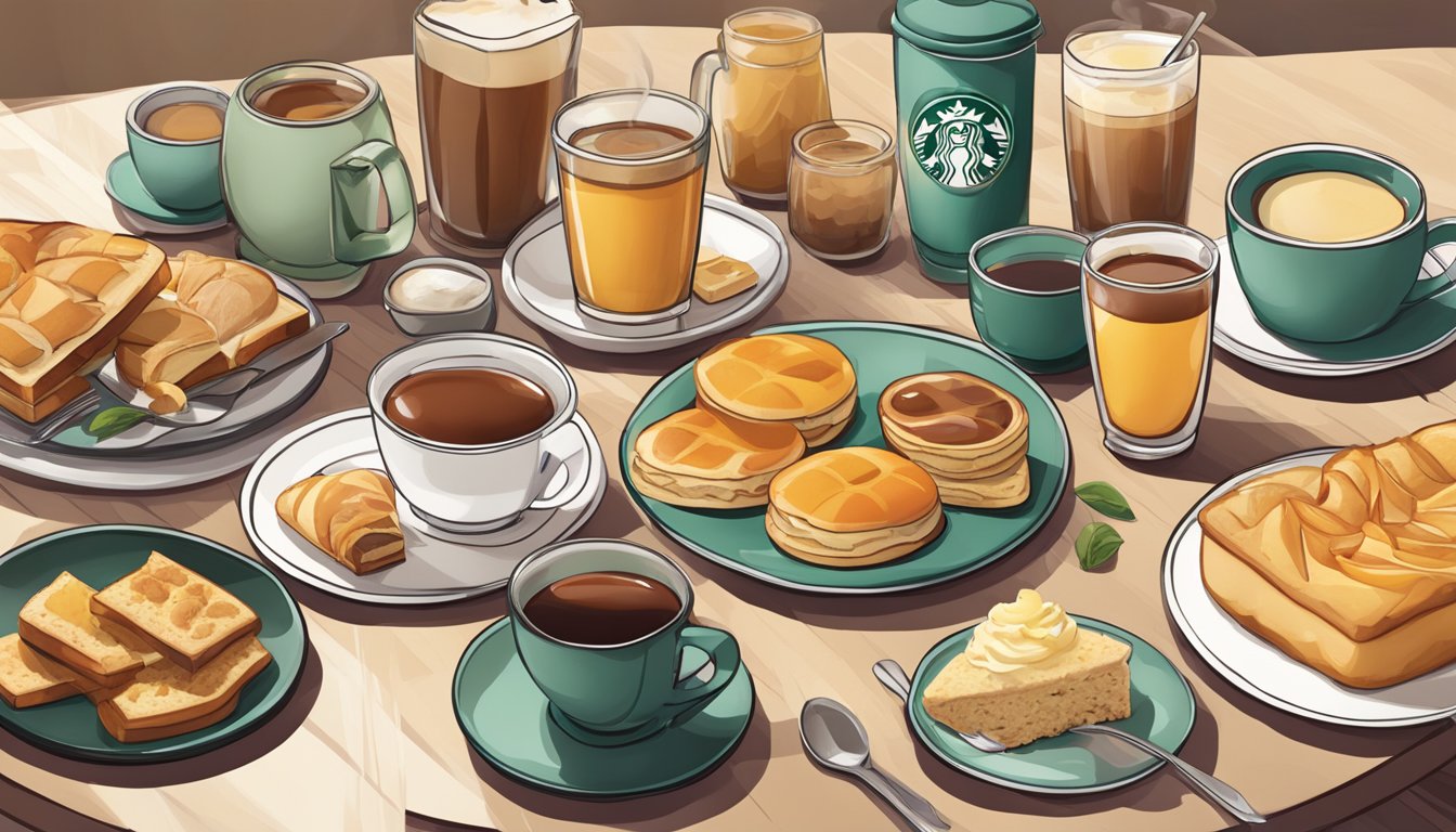 A table set with a variety of Starbucks breakfast items alongside different types of tea, showcasing the perfect pairings for a morning meal