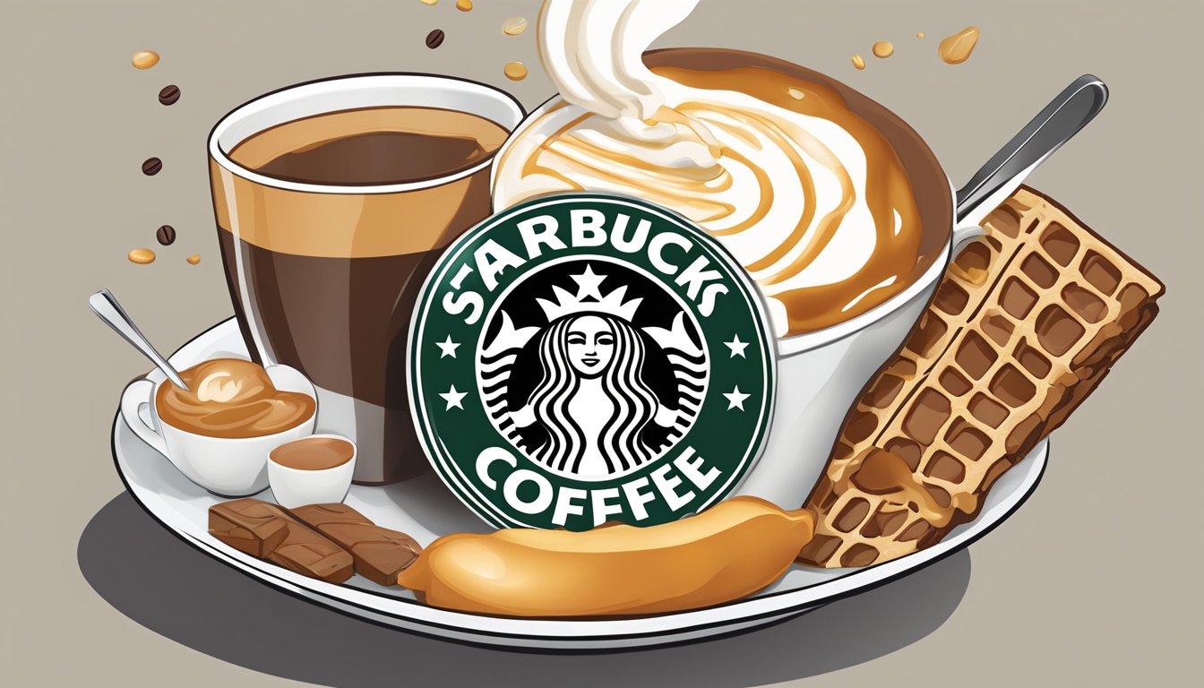 A coffee cup with sugar-free caramel drizzling into it, surrounded by various breakfast items from Starbucks