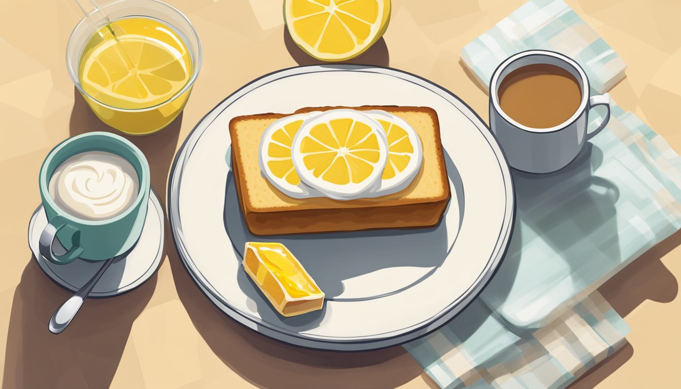 A slice of iced lemon loaf cake sits on a plate next to a selection of Starbucks breakfast items, all arranged neatly on a table