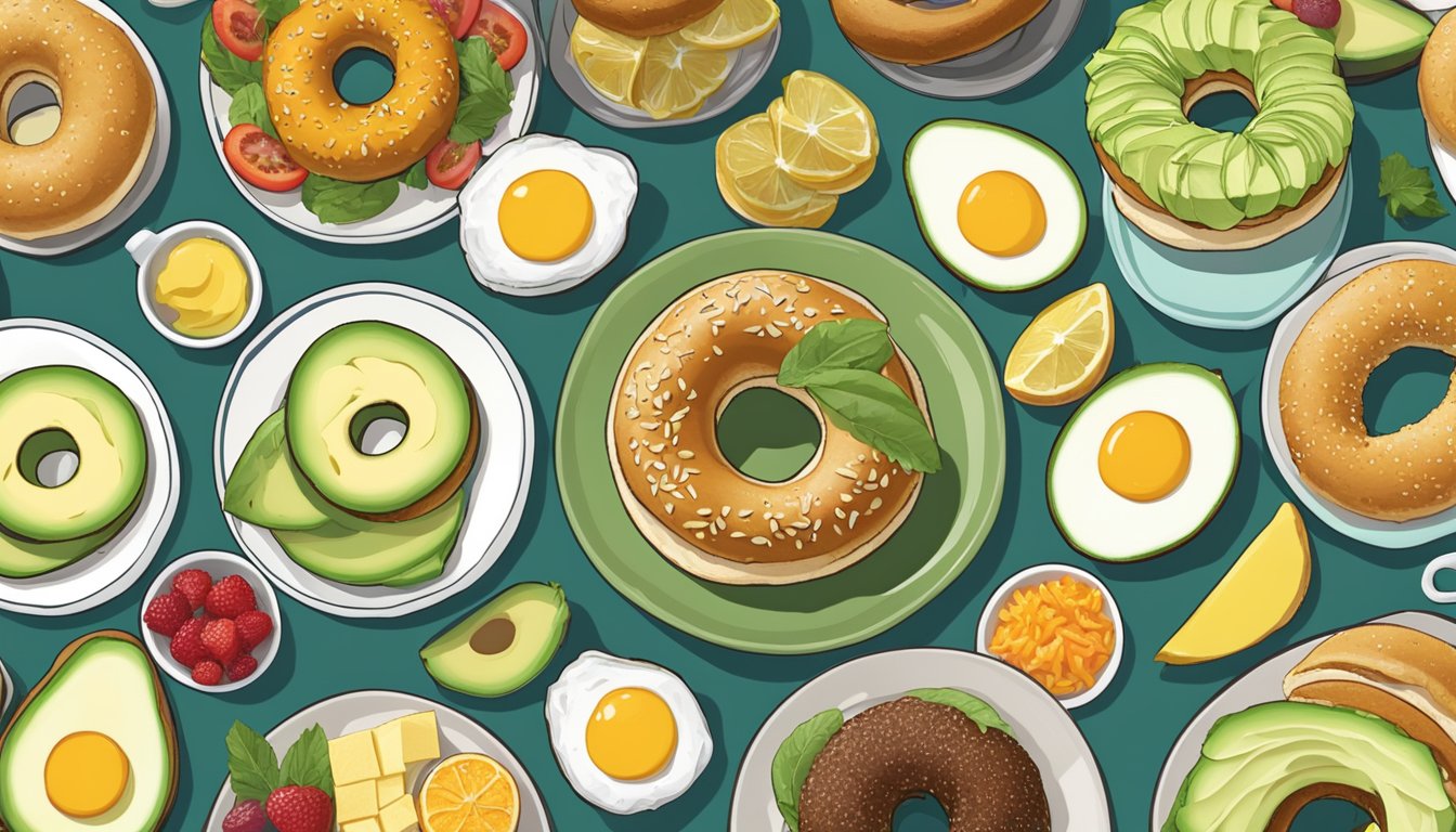 A Chonga Bagel with avocado spread sits on a plate surrounded by 14 other breakfast items, all arranged in a visually appealing manner