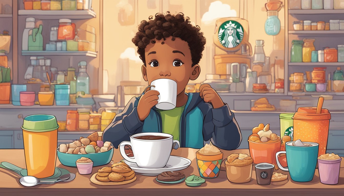 A cheerful kid sips on a steaming mug of hot chocolate, surrounded by a colorful array of lower sugar breakfast options from Starbucks