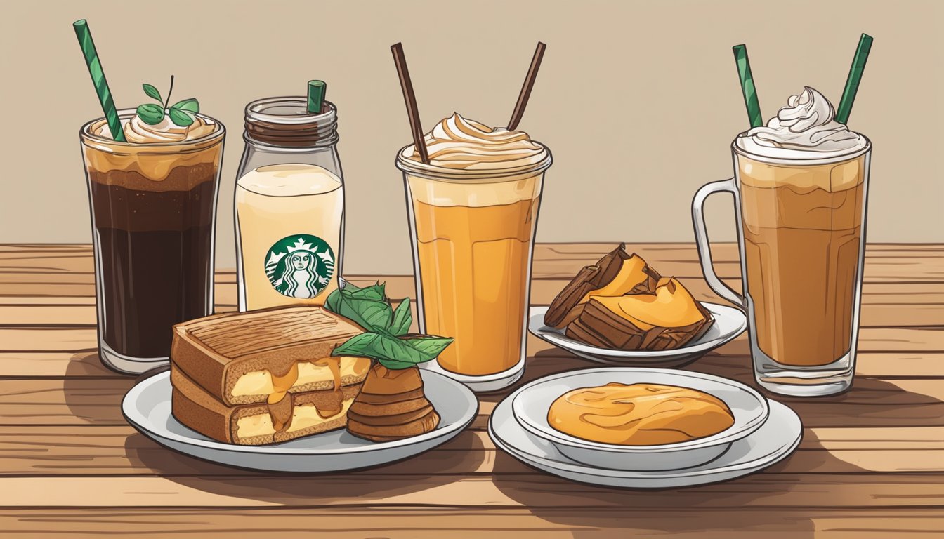 A glass of cold brew with pumpkin cream sits on a rustic wooden table, surrounded by a variety of Starbucks breakfast items arranged in an appealing display