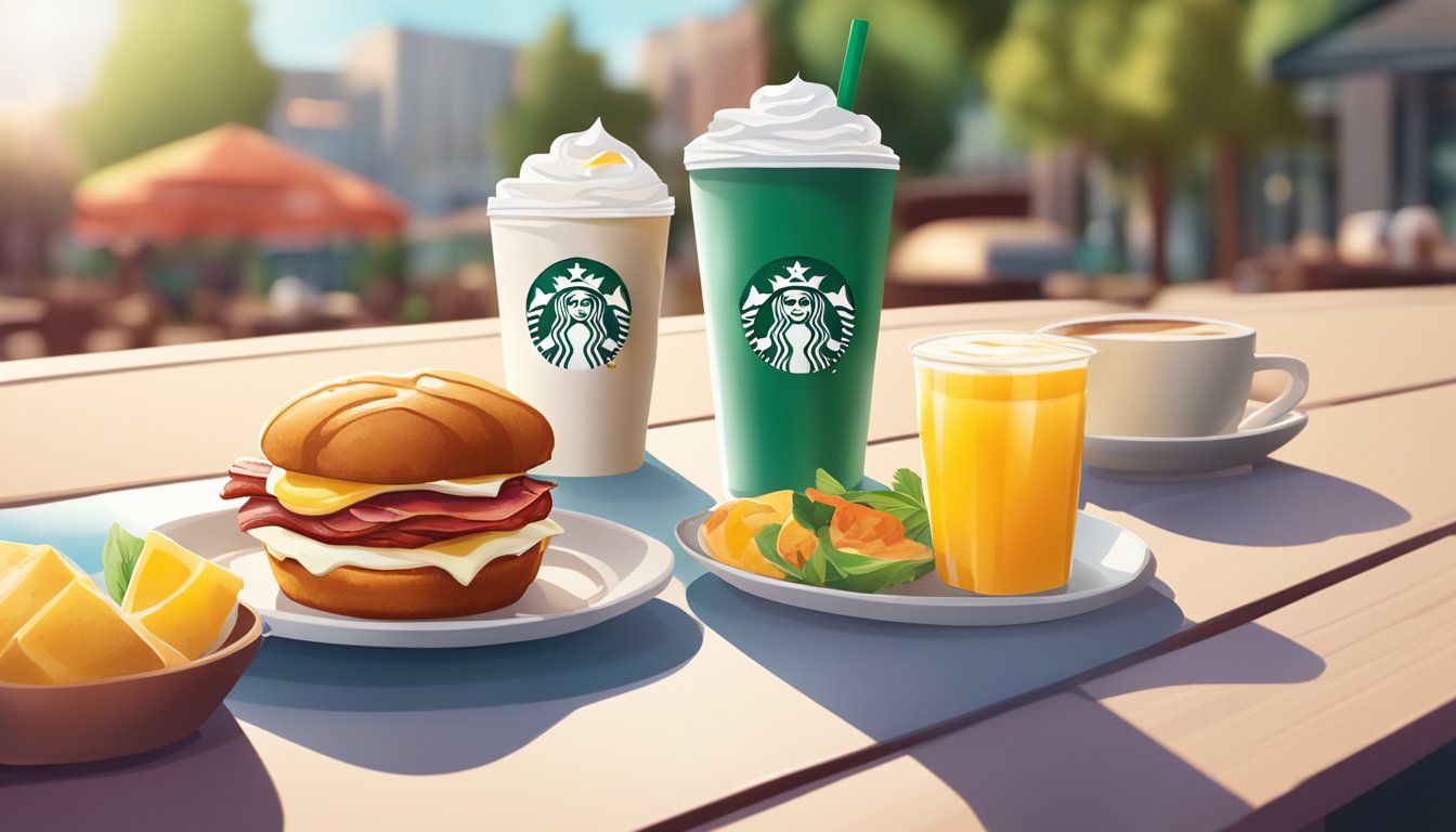 A delicious turkey bacon and egg white muffin surrounded by vibrant summer morning colors and a refreshing beverage on a table at Starbucks