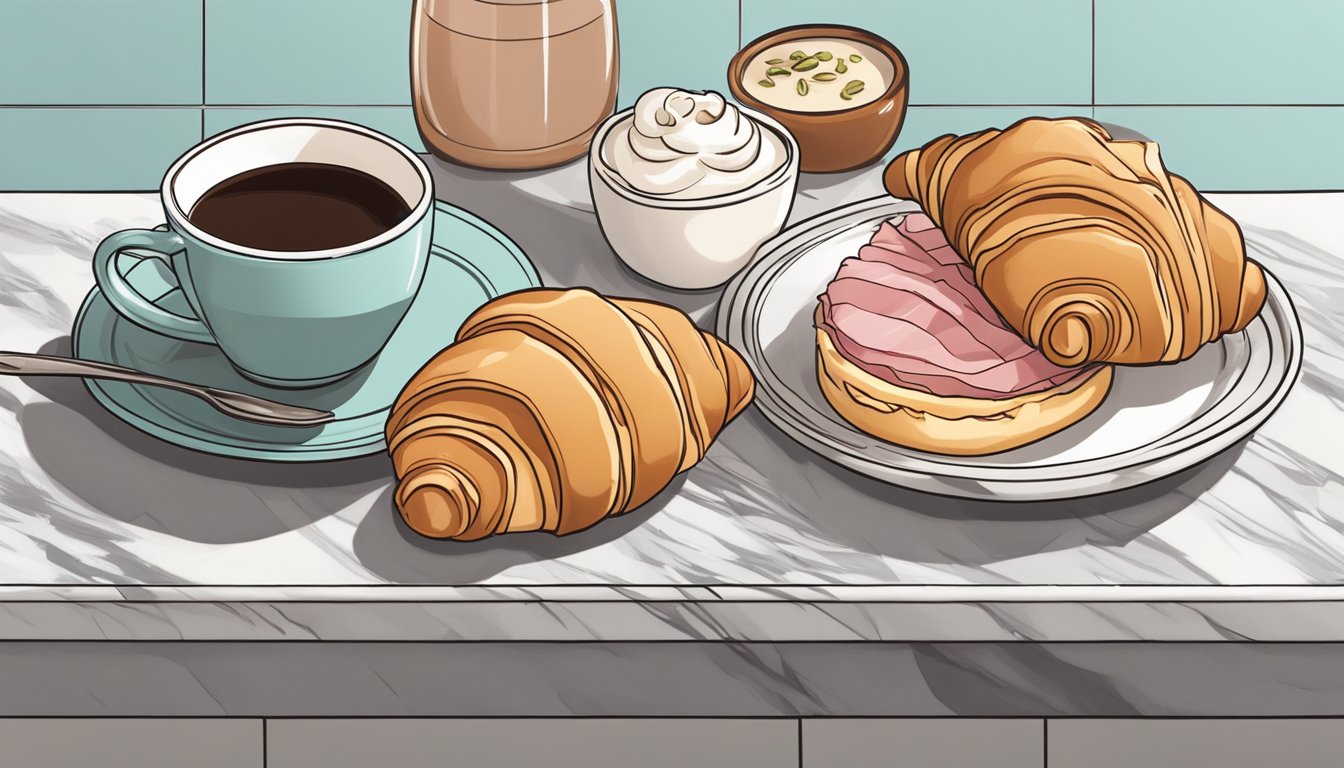 A flaky croissant with ham and Swiss cheese sits on a marble countertop next to a cup of iced coffee, surrounded by other breakfast items