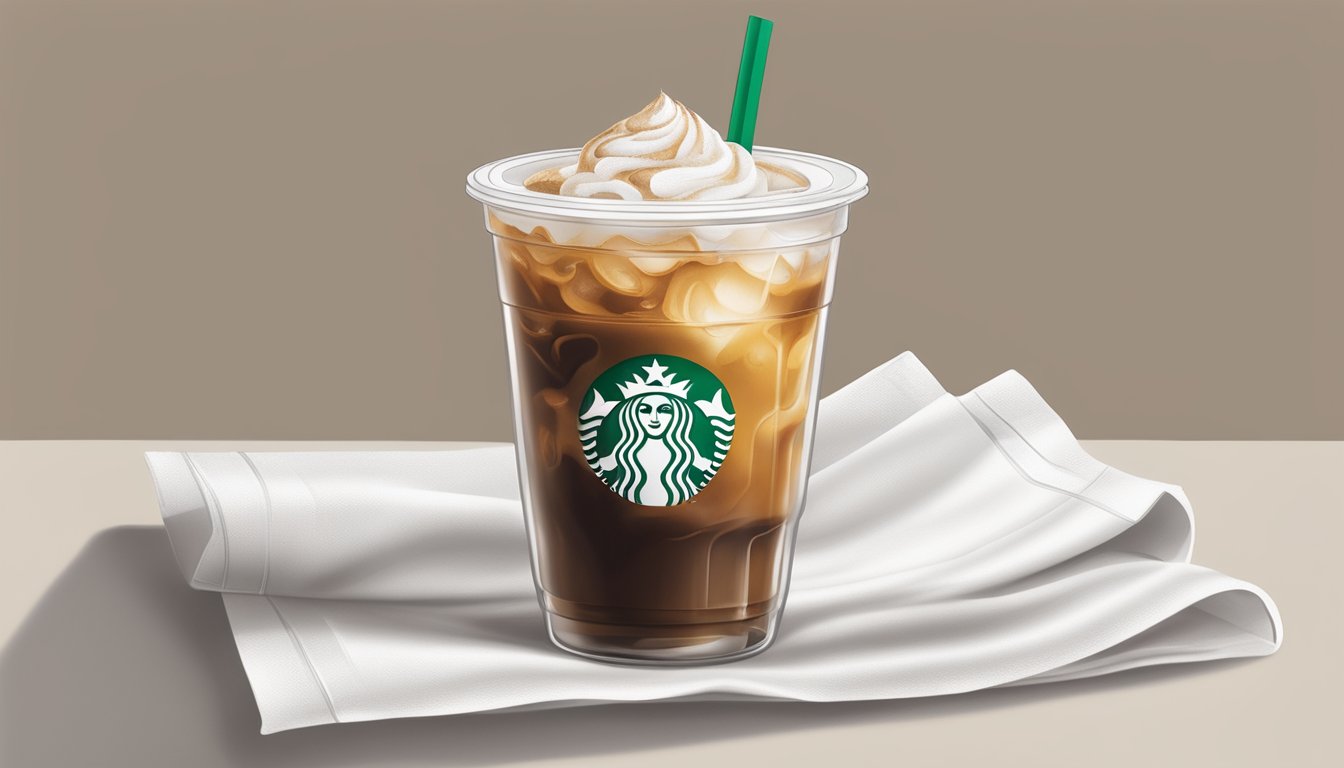 A clear plastic cup filled with iced coffee, no syrup, topped with a thin layer of foam, sitting on a white Starbucks-branded napkin