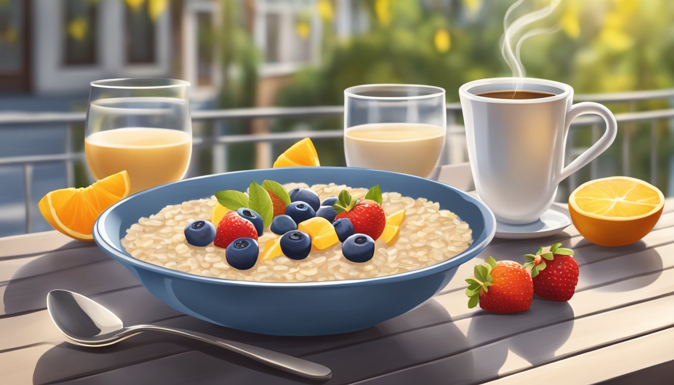 A bowl of classic oatmeal with fresh fruit and a steaming cup of coffee on a sunny outdoor patio