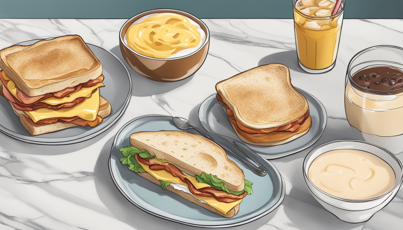 A Bacon Gouda & Egg Sandwich sits on a plate next to iced coffee and a yogurt parfait, all arranged on a marble table