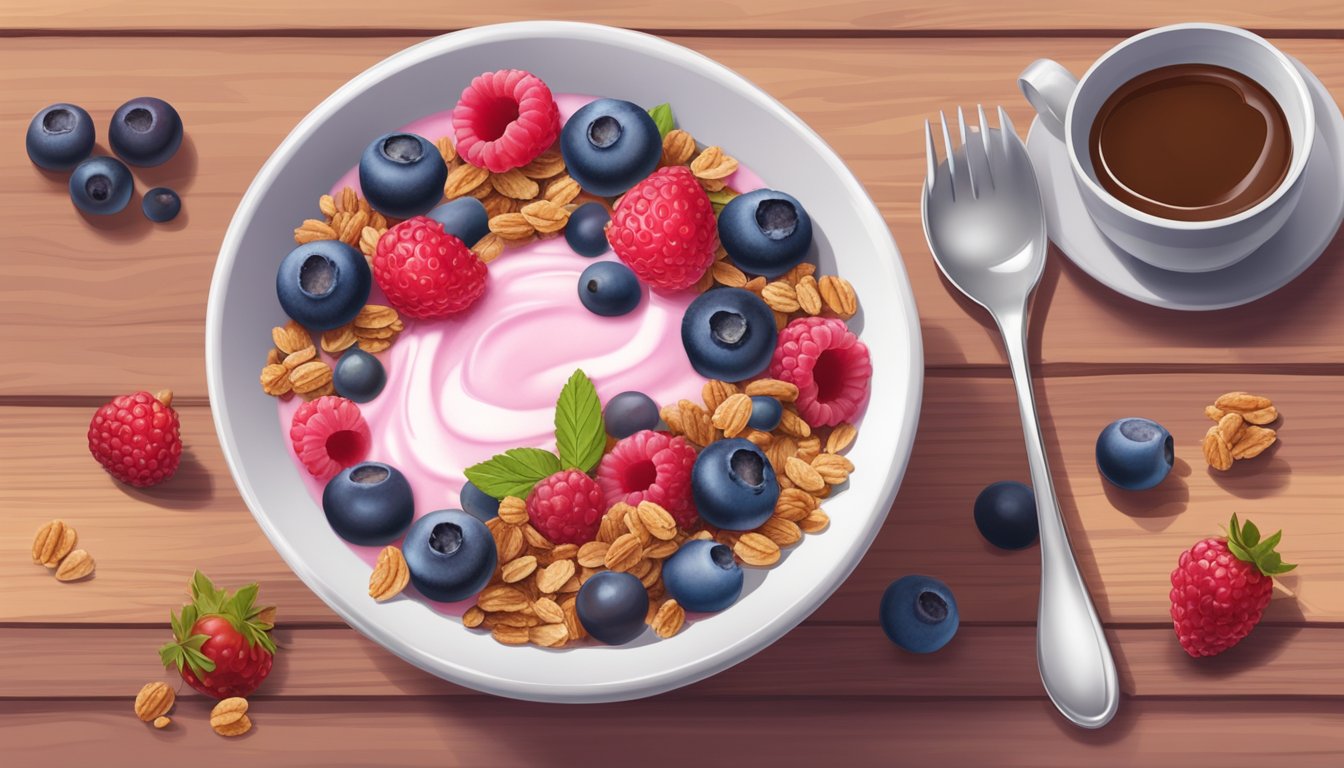 A bowl of mixed berry yogurt topped with granola sits on a wooden table, surrounded by fresh berries and a cup of coffee