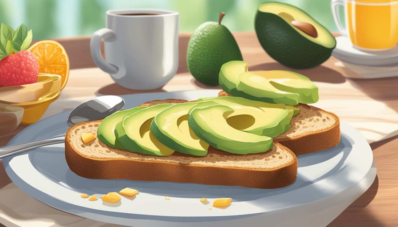 A slice of whole grain toast with avocado spread, surrounded by fresh fruit and a cup of coffee on a bright, sunny breakfast table