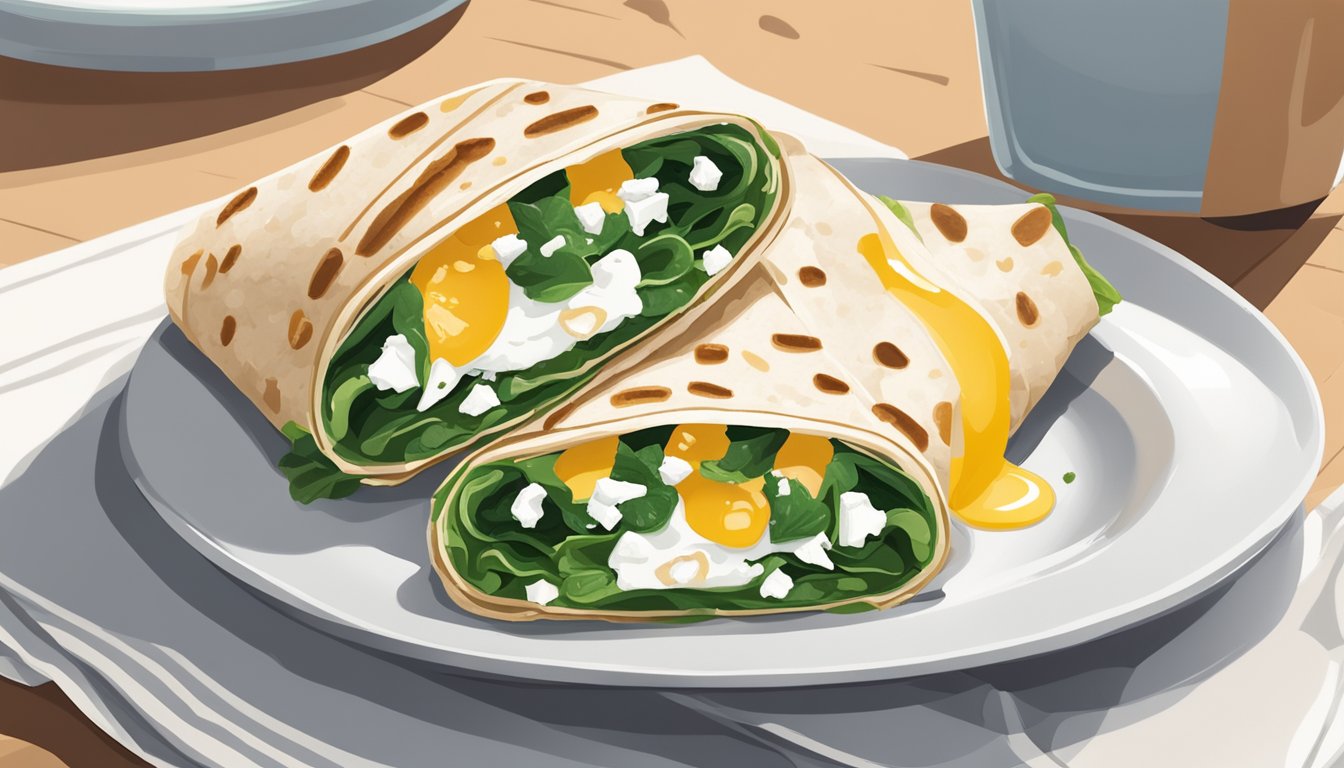 A colorful spinach, feta, and egg white wrap sits on a white plate next to a cup of iced coffee, surrounded by bright, fresh ingredients