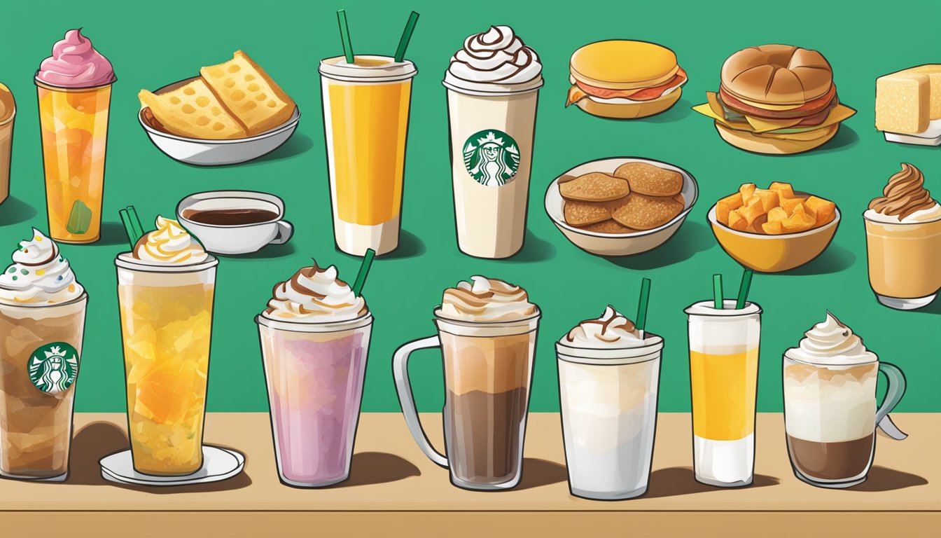 A colorful array of 15 Starbucks breakfast items, including a Starbucks Refresher without ice, are neatly arranged on a table