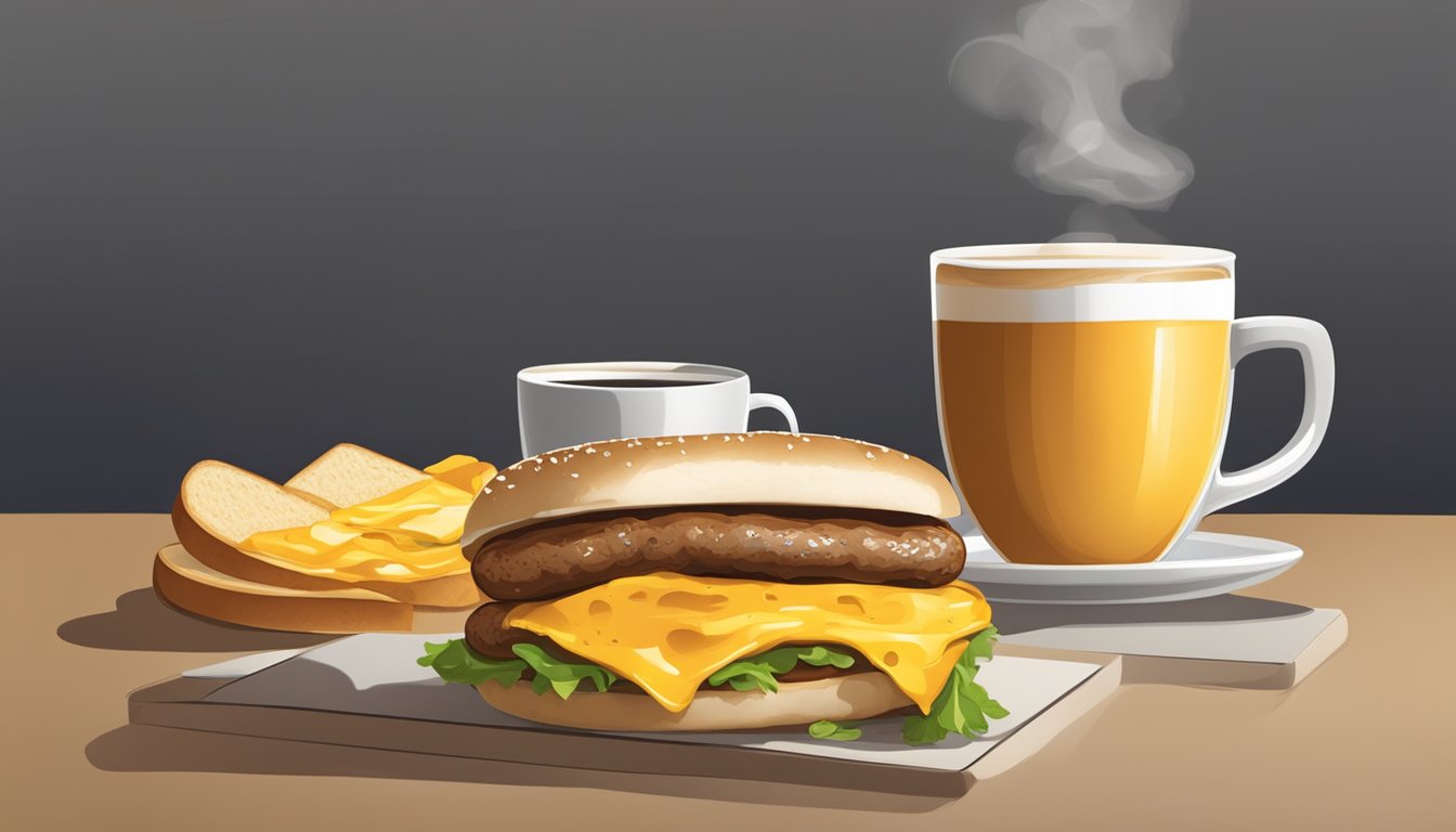 A breakfast sandwich with sausage, cheddar, and egg, served on a toasted bun, accompanied by a steaming cup of coffee