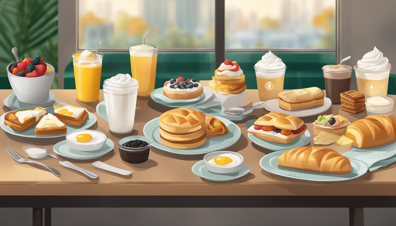 A table set with various Starbucks breakfast items, including pastries, sandwiches, and yogurt parfaits, arranged neatly with utensils and napkins