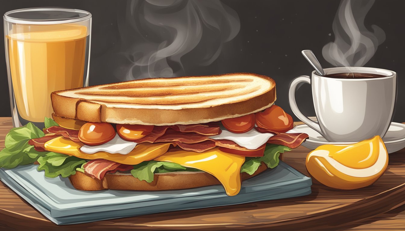 A sizzling bacon, gouda, and egg sandwich sits on a rustic wooden table, surrounded by a steaming cup of coffee and a vibrant assortment of fresh fruits