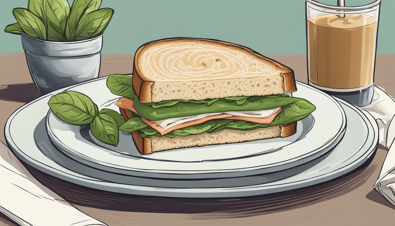 A turkey and basil pesto sandwich sits on a plate next to a cup of iced coffee. The sandwich is surrounded by fresh ingredients and is ready to be enjoyed