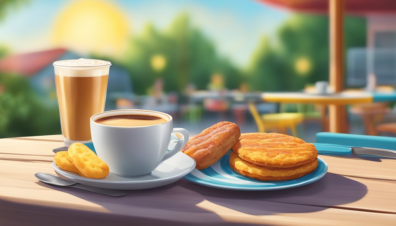 A sunny outdoor cafe table with a colorful plate of a chicken sausage and bacon biscuit, surrounded by a cup of coffee and a vibrant summer morning backdrop