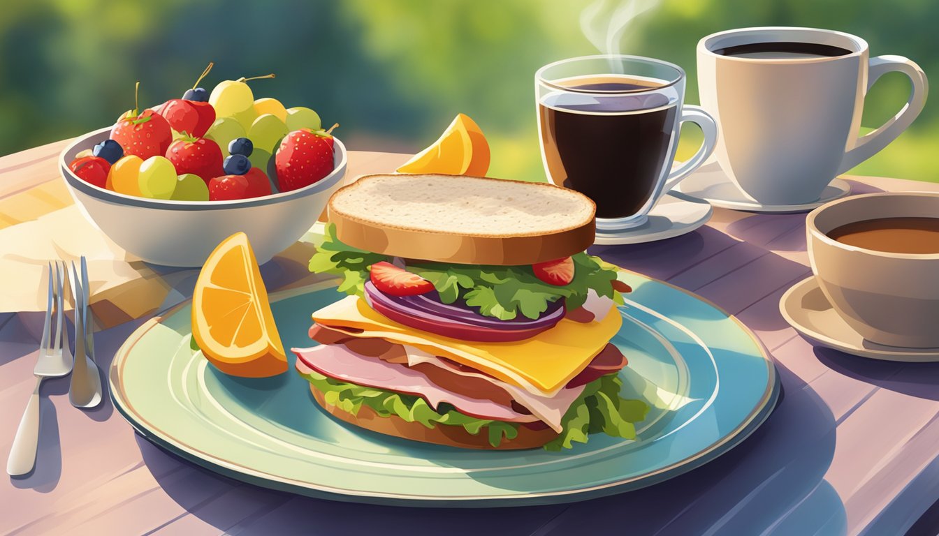 A colorful plate with a reduced-fat turkey bacon sandwich, fresh fruit, and a steaming cup of coffee sits on a sunny outdoor table