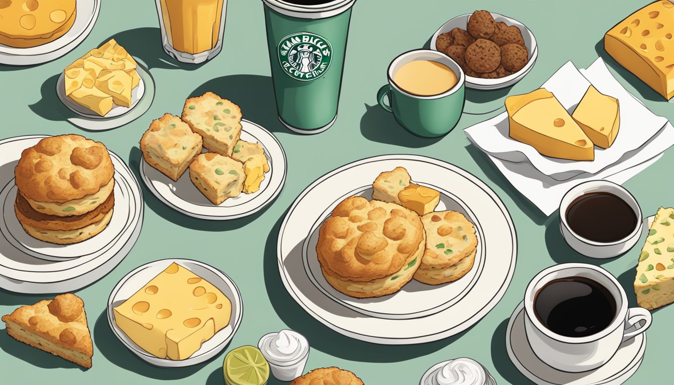 A plate of five cheese scones surrounded by various Starbucks breakfast items, all depicted in a slightly chilled state