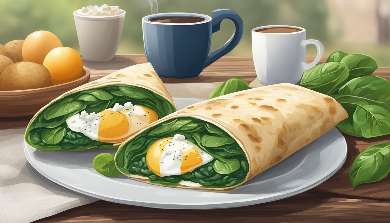 A colorful spinach, feta, and egg white wrap surrounded by a steaming cup of coffee and a fresh fruit bowl on a rustic wooden table