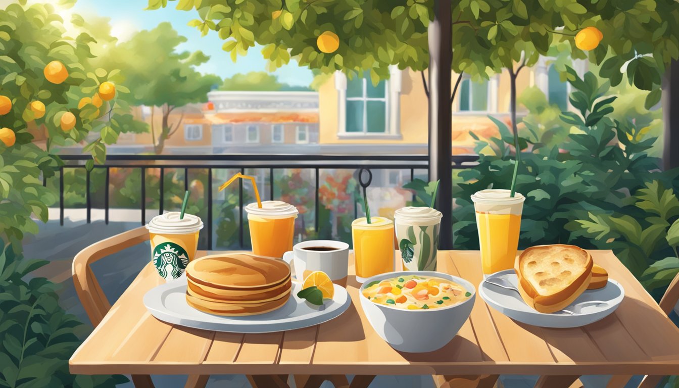 A sunny outdoor cafe with a table set for breakfast, featuring a variety of Starbucks breakfast items surrounded by vibrant summer foliage