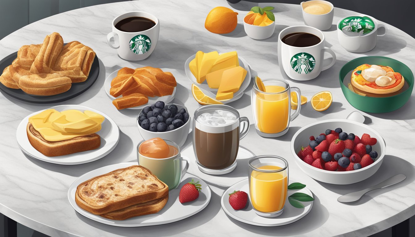 A table with 10 Starbucks breakfast items arranged on a marble countertop, surrounded by colorful fruits and condiments. Steam rises from a cup of coffee next to the spread