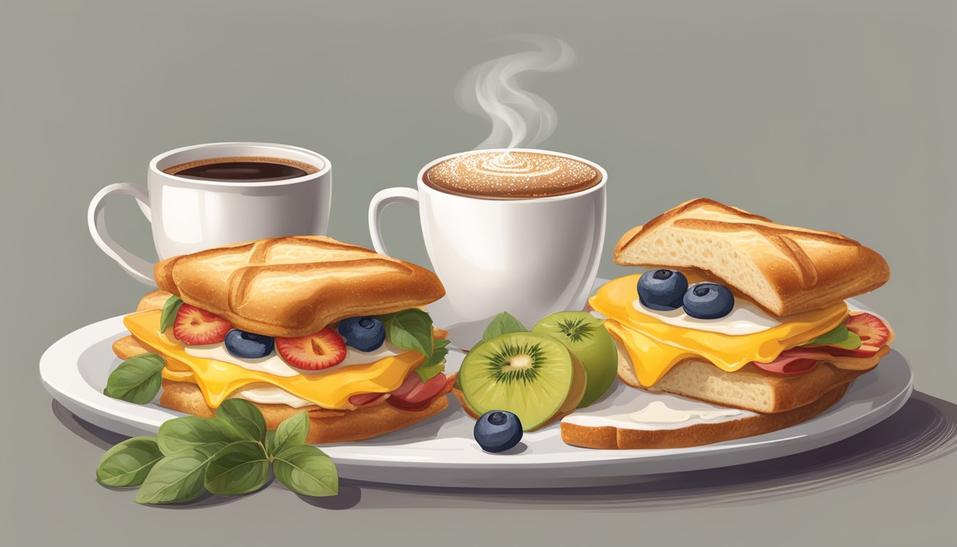 A mouthwatering breakfast sandwich surrounded by a steaming cup of coffee, fresh fruit, and a warm pastry on a wooden table