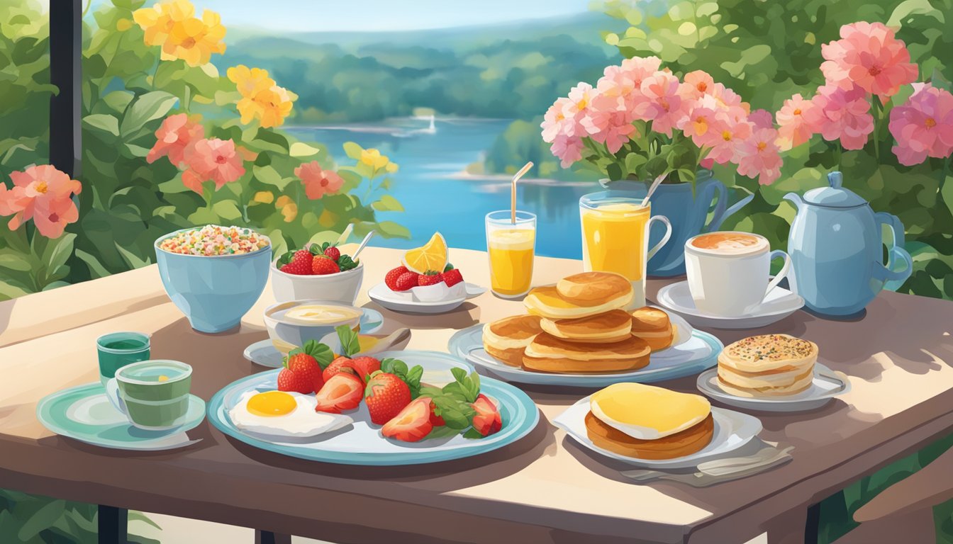 A sunny morning with a clear blue sky, a table set with 8 Starbucks breakfast items, surrounded by vibrant summer flowers