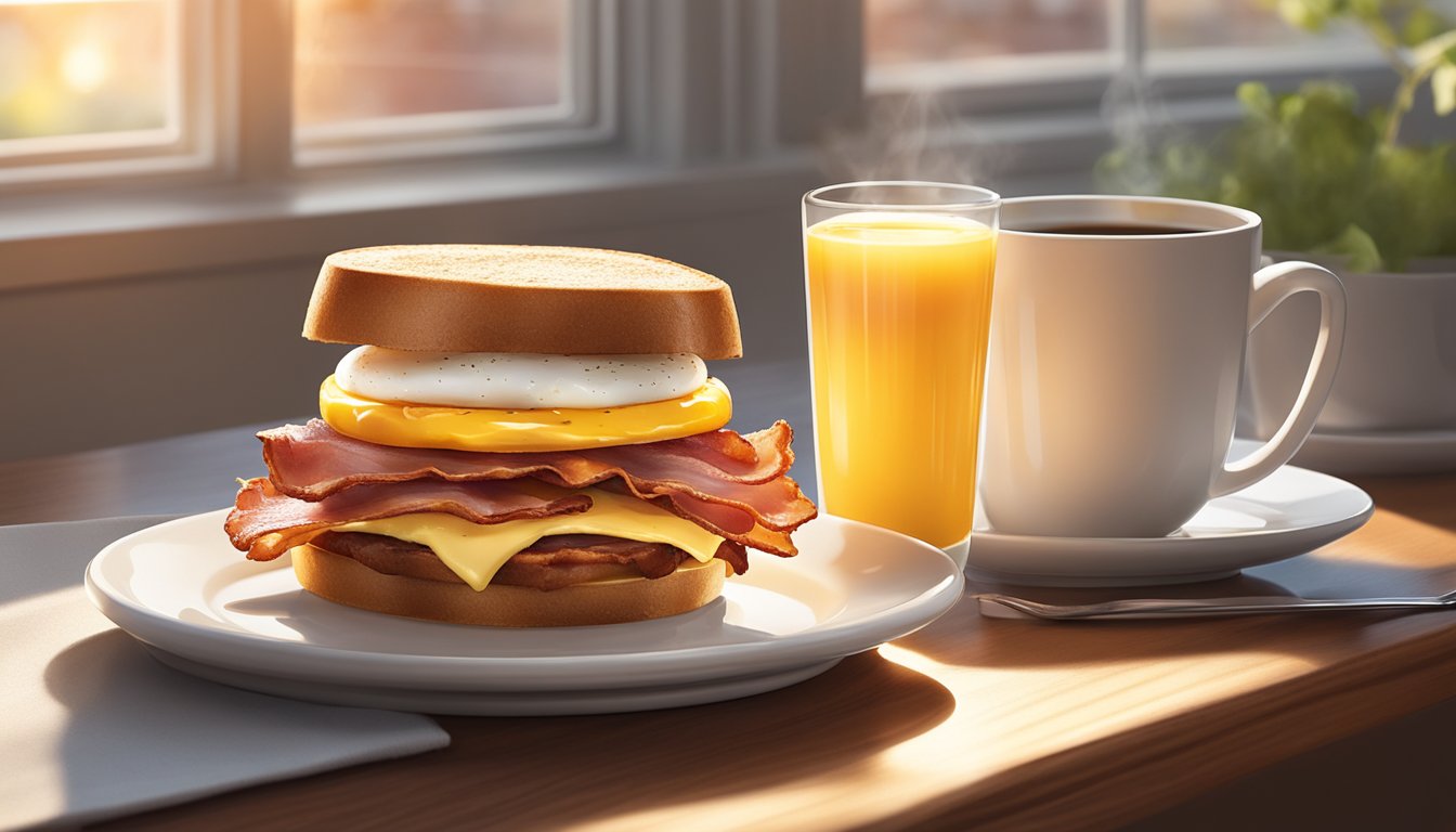 A sizzling bacon, gouda, and egg sandwich sits on a white ceramic plate next to a steaming cup of coffee. The morning sunlight streams through a nearby window, casting a warm glow over the delicious breakfast spread