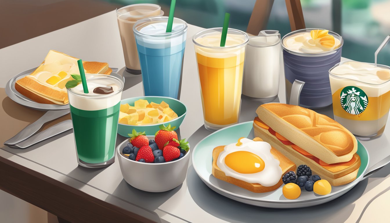 A table with a variety of Starbucks breakfast items arranged on a tray, surrounded by a glass of cold milk, fresh fruits, and a colorful napkin