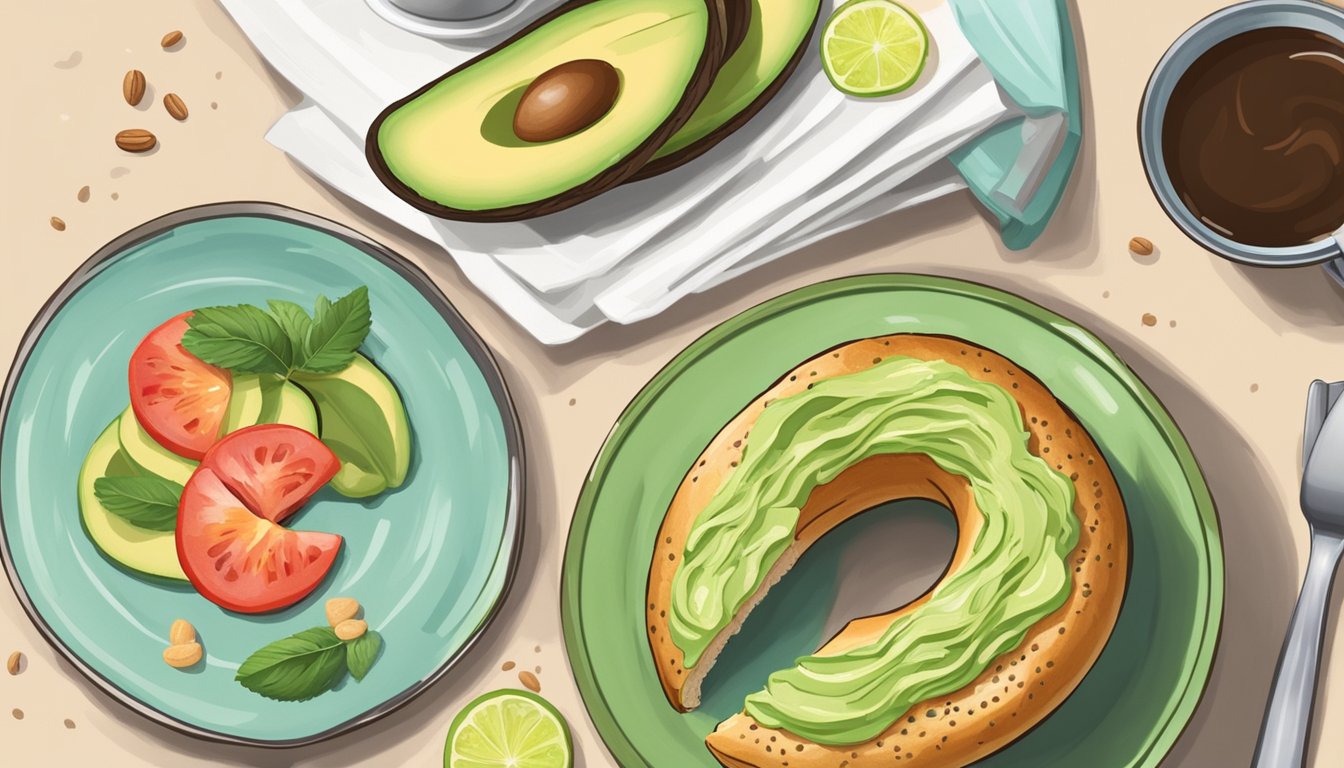 A multigrain bagel topped with avocado spread on a plate, surrounded by a cup of coffee and other breakfast items