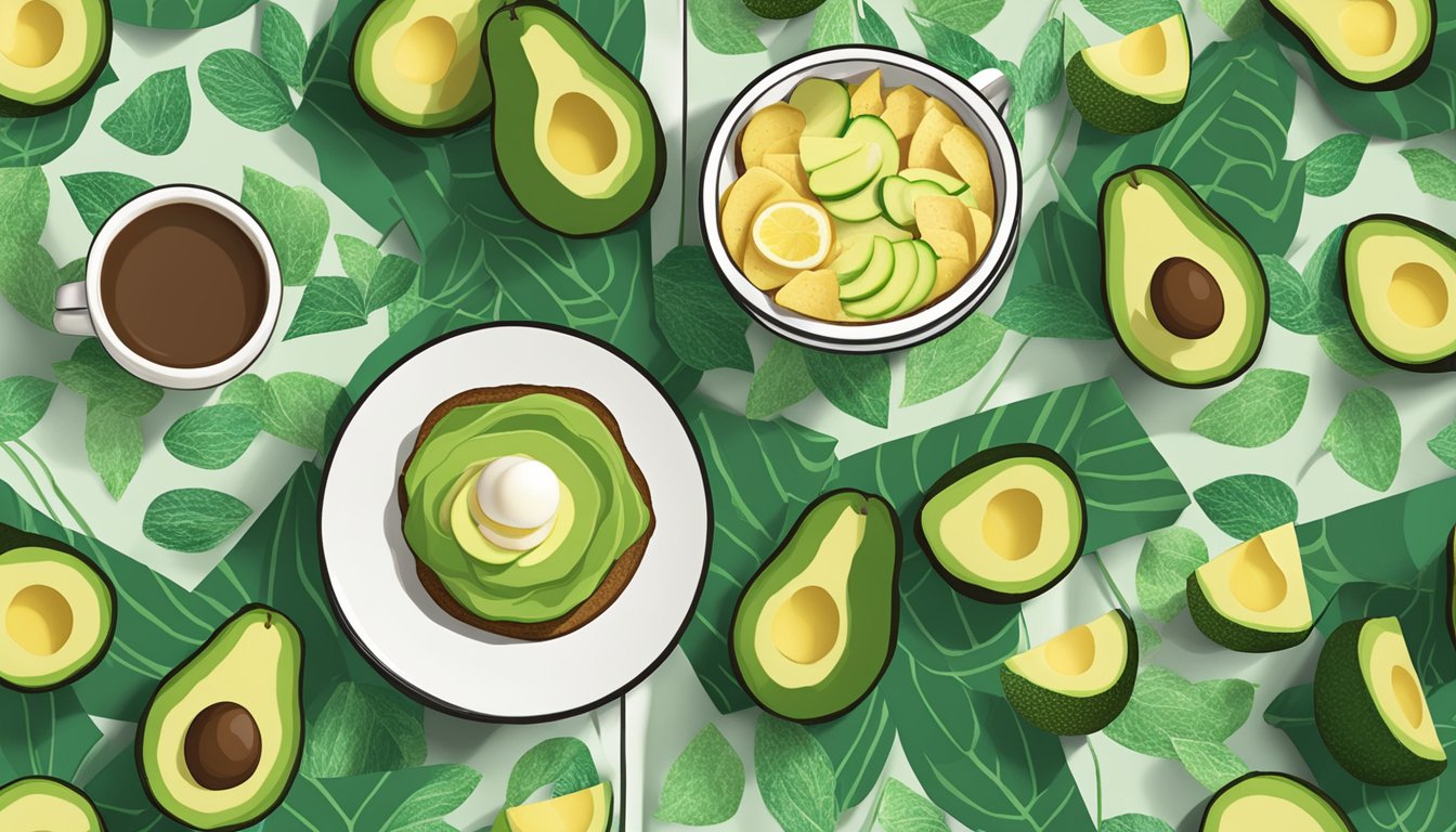 Avocado slices arranged in various patterns on a breakfast spread with a Starbucks logo in the background