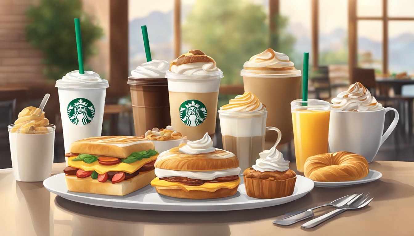 A table set with a variety of Starbucks breakfast items including pastries, sandwiches, and yogurt parfaits, surrounded by a cozy cafe atmosphere