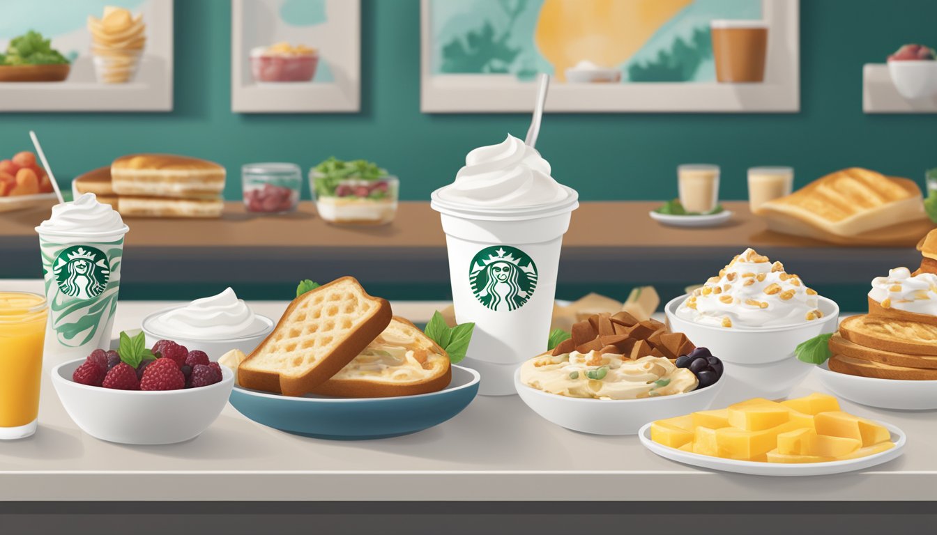 A table filled with various breakfast items, including Greek yogurt paired with different toppings and mix-ins, set against a backdrop of the Starbucks logo