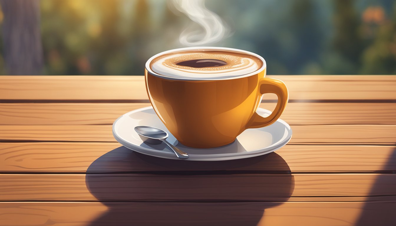 A steaming cup of Dunkin' coffee sits on a rustic wooden table, surrounded by a warm, inviting morning light