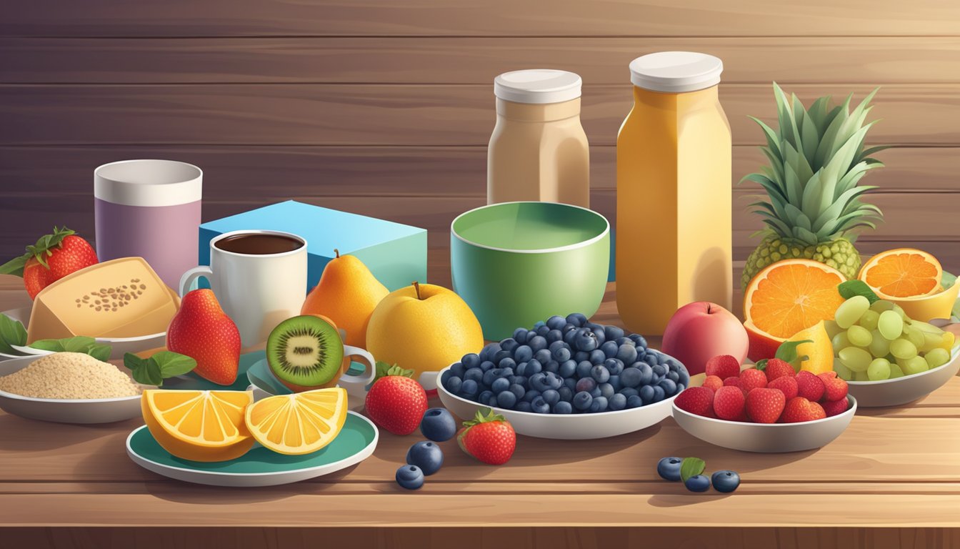 A colorful array of protein boxes arranged on a wooden table, surrounded by fresh fruits and a steaming cup of coffee