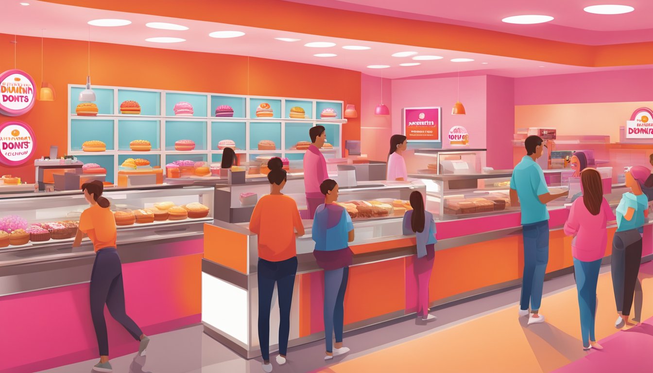 A bustling Dunkin' Donuts store with a line of customers, bright red and orange decor, and the iconic pink and orange logo displayed prominently